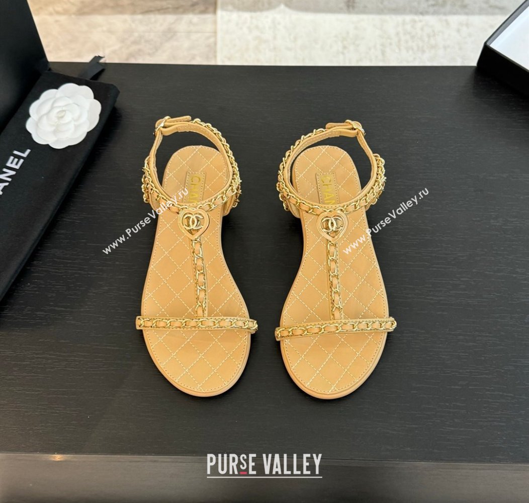Chanel Lambskin Flat Sandals with Chain and Heart G46109 Beige Yellow 2024 (SS-240102070)