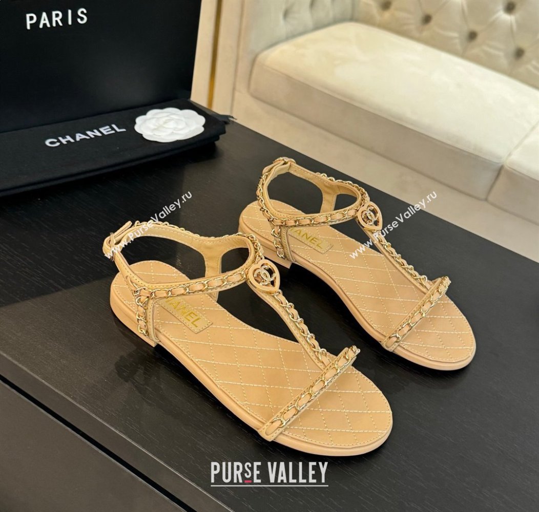 Chanel Lambskin Flat Sandals with Chain and Heart G46109 Beige Yellow 2024 (SS-240102070)
