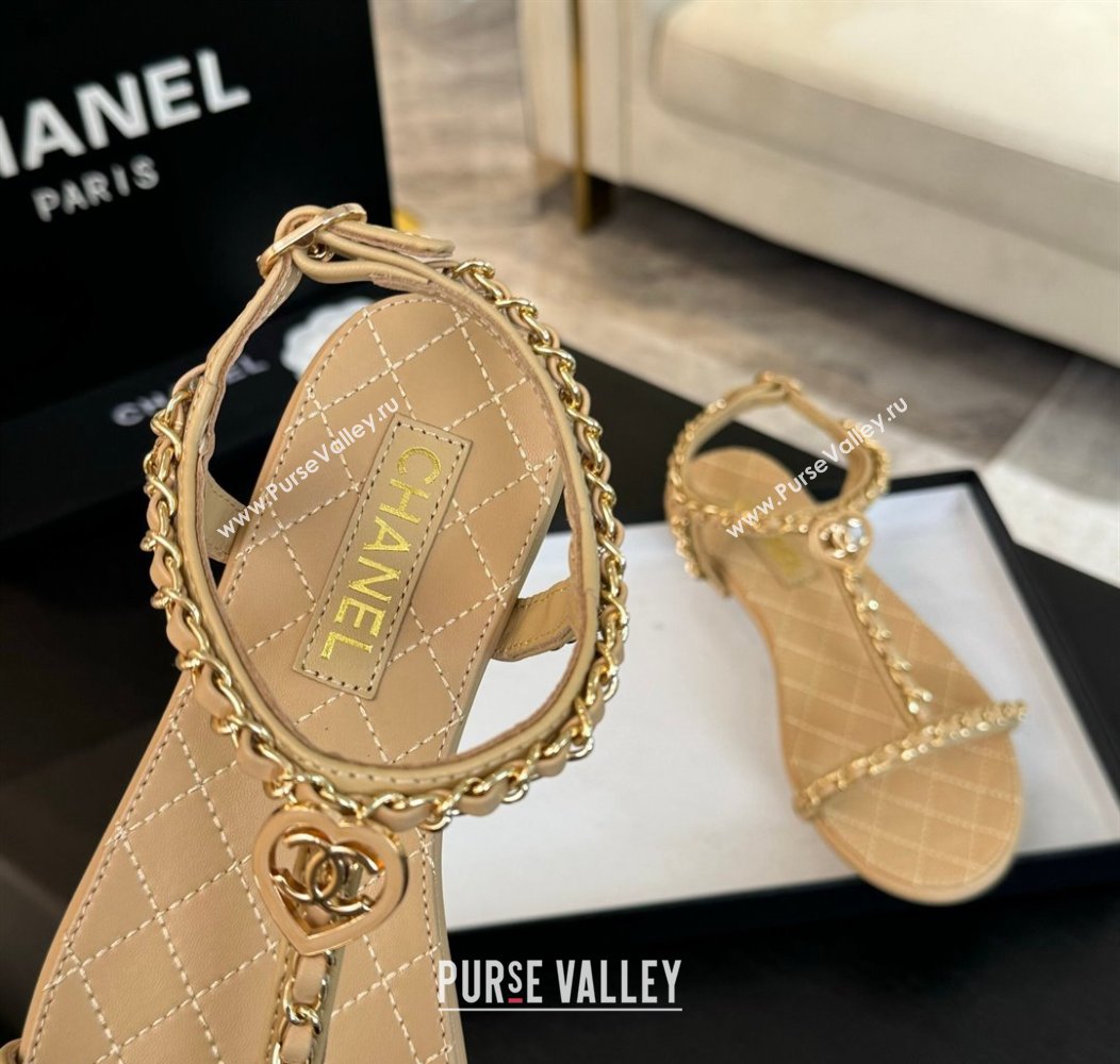 Chanel Lambskin Flat Sandals with Chain and Heart G46111 Beige 2024 (SS-240102070)