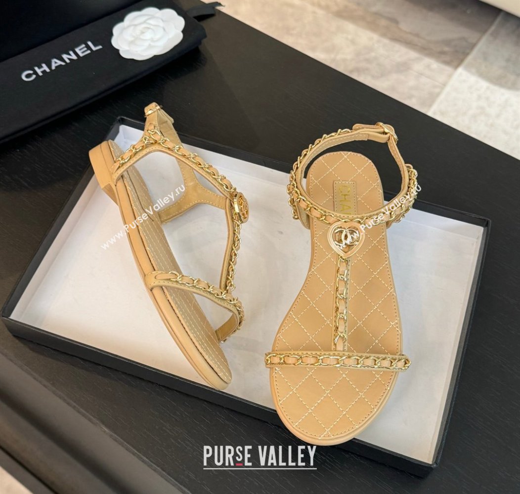 Chanel Lambskin Flat Sandals with Chain and Heart G46111 Beige 2024 (SS-240102070)