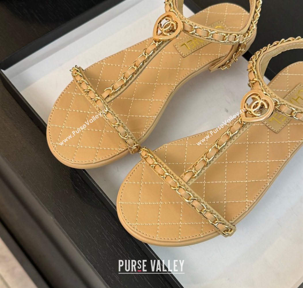 Chanel Lambskin Flat Sandals with Chain and Heart G46111 Beige 2024 (SS-240102070)