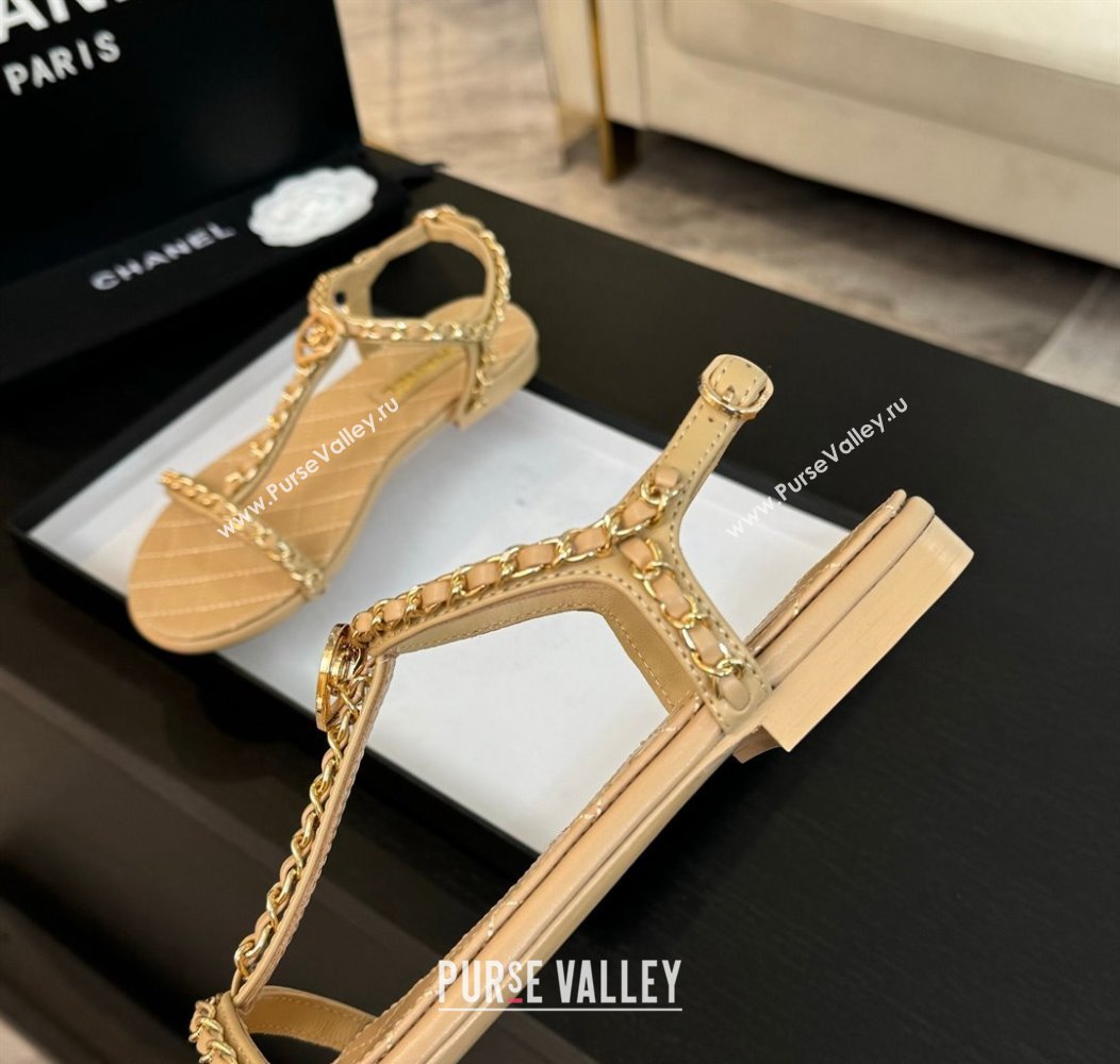 Chanel Lambskin Flat Sandals with Chain and Heart G46109 Beige Yellow 2024 (SS-240102070)