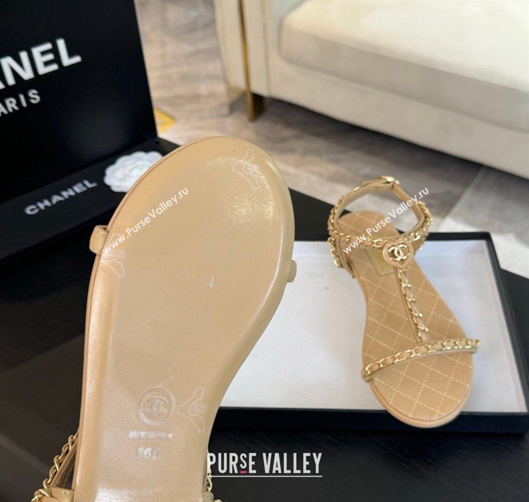 Chanel Lambskin Flat Sandals with Chain and Heart G46111 Beige 2024 (SS-240102070)