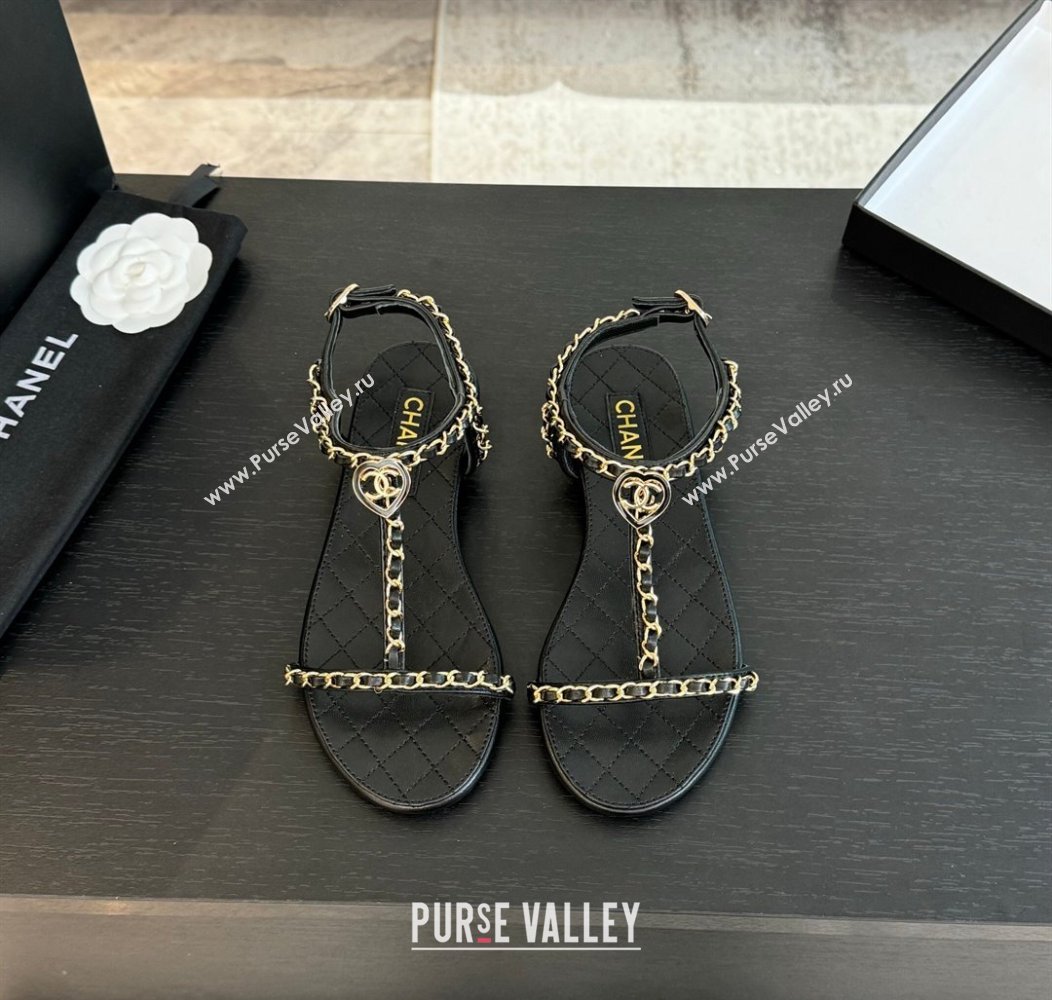 Chanel Lambskin Flat Sandals with Chain and Heart G46111 Black 2024 (SS-240102071)