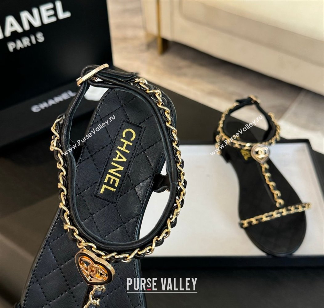 Chanel Lambskin Flat Sandals with Chain and Heart G46111 Black 2024 (SS-240102071)