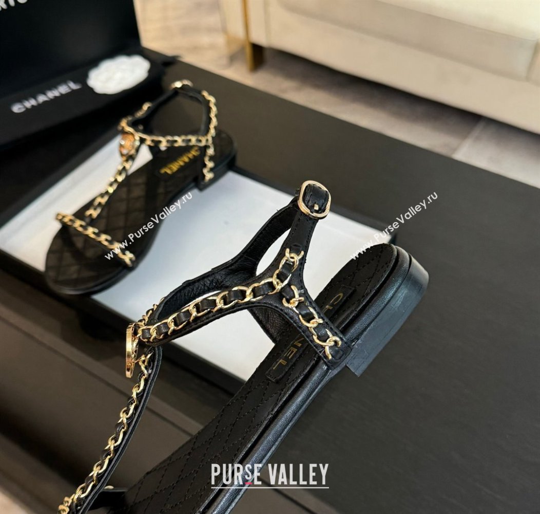 Chanel Lambskin Flat Sandals with Chain and Heart G46111 Black 2024 (SS-240102071)