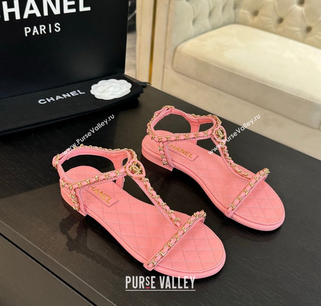 Chanel Lambskin Flat Sandals with Chain and Heart G46111 Pink 2024 (SS-240102072)