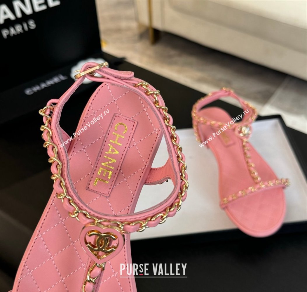 Chanel Lambskin Flat Sandals with Chain and Heart G46111 Pink 2024 (SS-240102072)