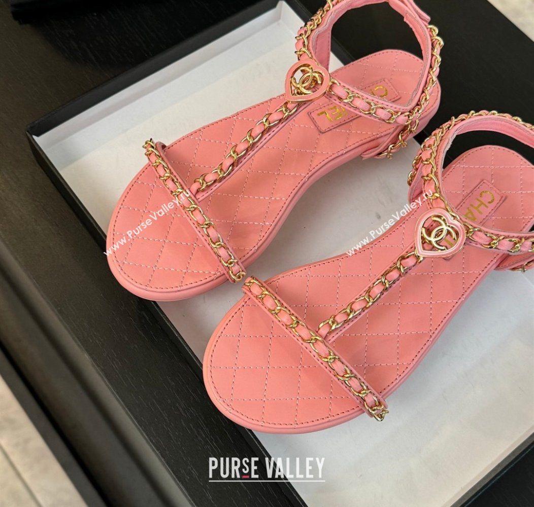 Chanel Lambskin Flat Sandals with Chain and Heart G46111 Pink 2024 (SS-240102072)