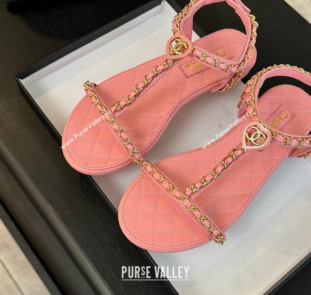Chanel Lambskin Flat Sandals with Chain and Heart G46109 Pink 2024 (SS-240102072)