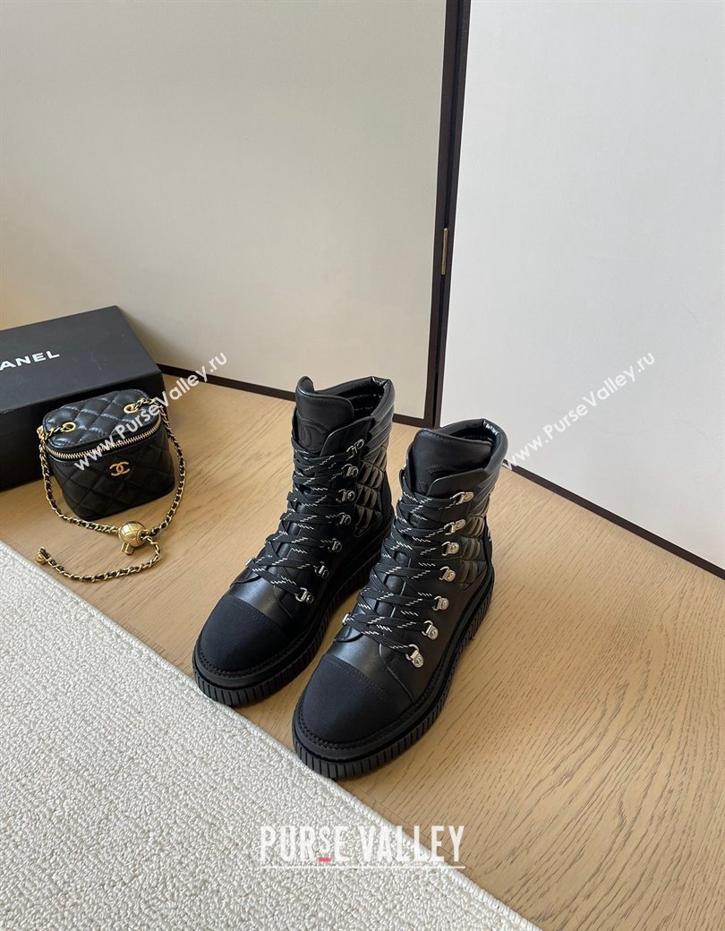 Chanel Quilted Patent Leather Lace-up Ankle Boots Black 2024 CH010206 (MD-240102044)