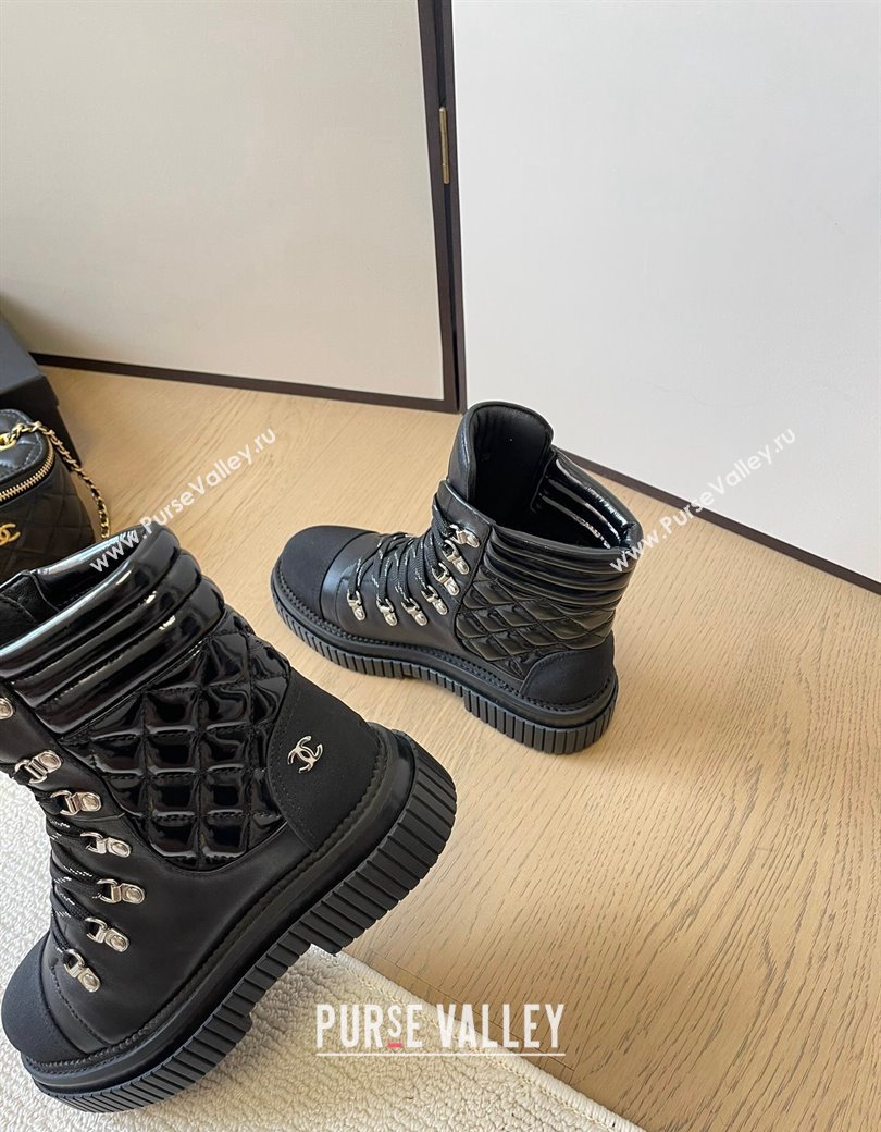 Chanel Quilted Patent Leather Lace-up Ankle Boots Black 2024 CH010206 (MD-240102044)