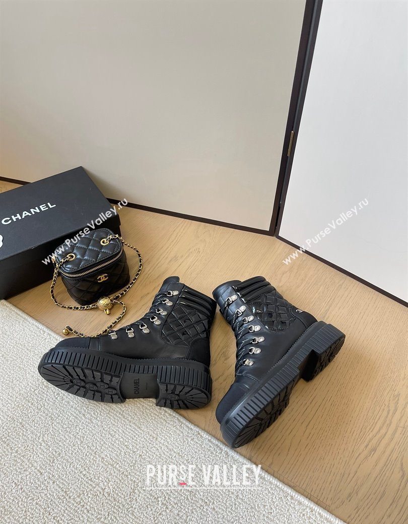 Chanel Quilted Patent Leather Lace-up Ankle Boots Black 2024 CH010206 (MD-240102044)