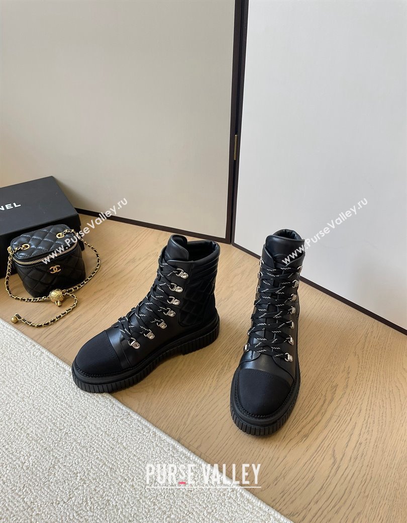 Chanel Quilted Calfskin Leather Lace-up Ankle Boots Black 2024 CH010206 (MD-240102045)