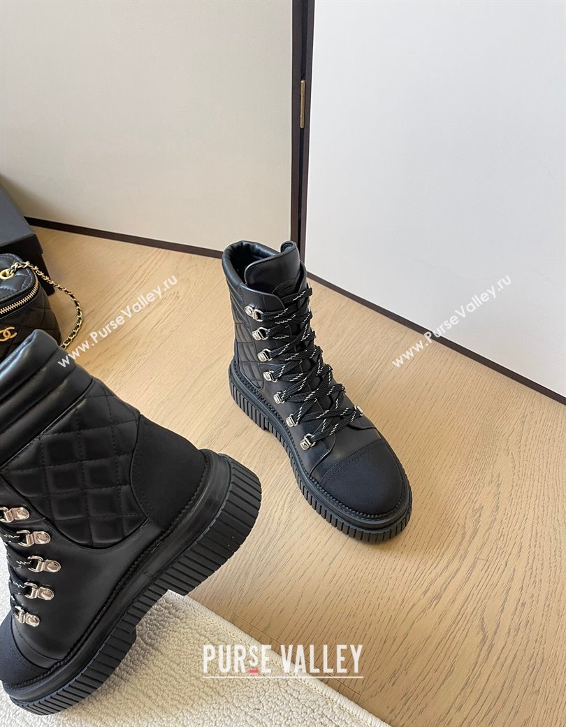 Chanel Quilted Calfskin Leather Lace-up Ankle Boots Black 2024 CH010206 (MD-240102045)