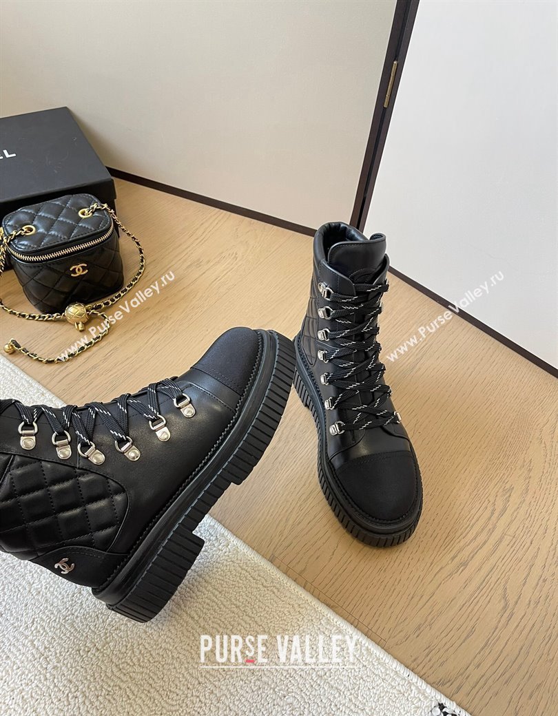 Chanel Quilted Calfskin Leather Lace-up Ankle Boots Black 2024 CH010206 (MD-240102045)