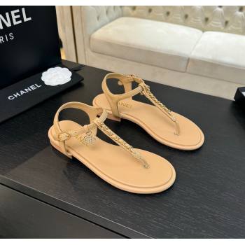 Chanel Lambskin Flat Thong Sandals with Chain Beige 2024 CH010207 (MD-240102046)