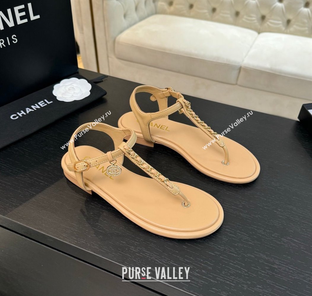 Chanel Lambskin Flat Thong Sandals with Chain Beige 2024 CH010207 (MD-240102046)