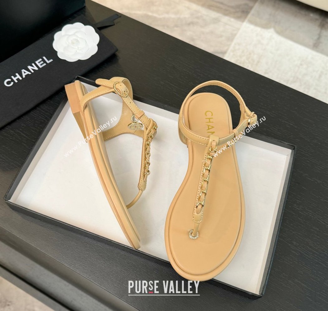 Chanel Lambskin Flat Thong Sandals with Chain Beige 2024 CH010207 (MD-240102046)