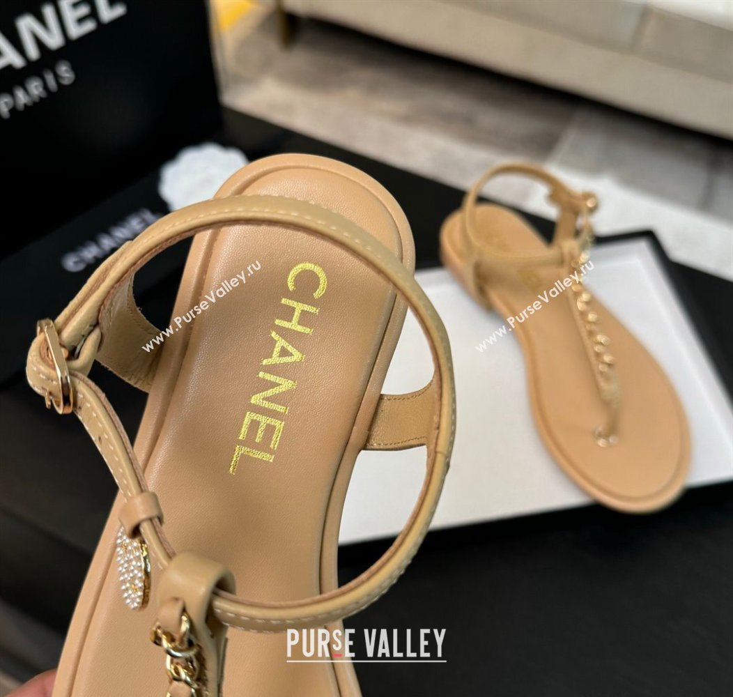 Chanel Lambskin Flat Thong Sandals with Chain Beige 2024 CH010207 (MD-240102046)