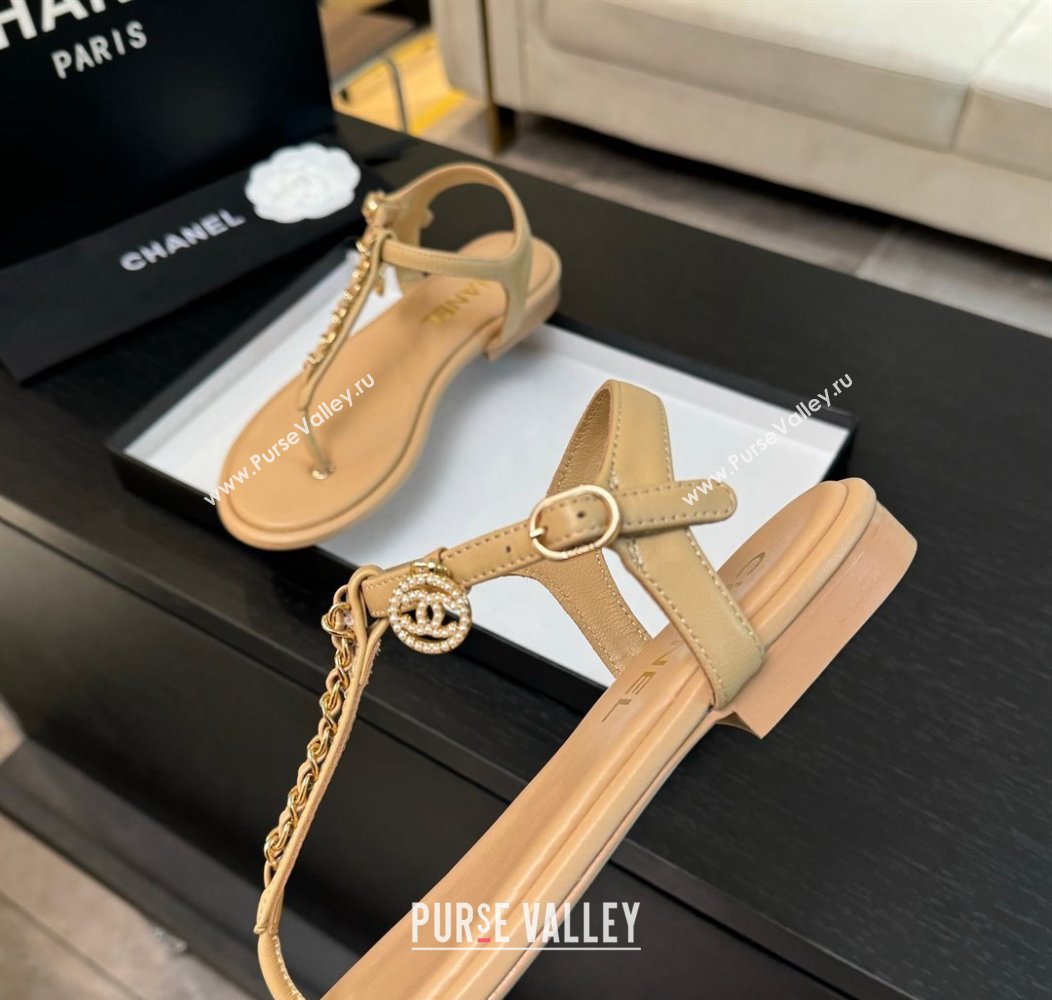 Chanel Lambskin Flat Thong Sandals with Chain Beige 2024 CH010207 (MD-240102046)