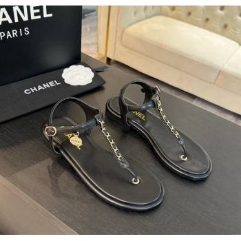 Chanel Lambskin Flat Thong Sandals with Chain Black 2024 CH010207 (MD-240102047)