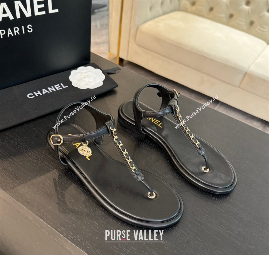 Chanel Lambskin Flat Thong Sandals with Chain Black 2024 CH010207 (MD-240102047)