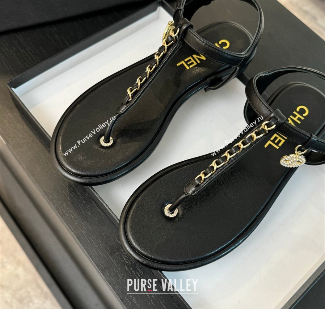 Chanel Lambskin Flat Thong Sandals with Chain Black 2024 CH010207 (MD-240102047)