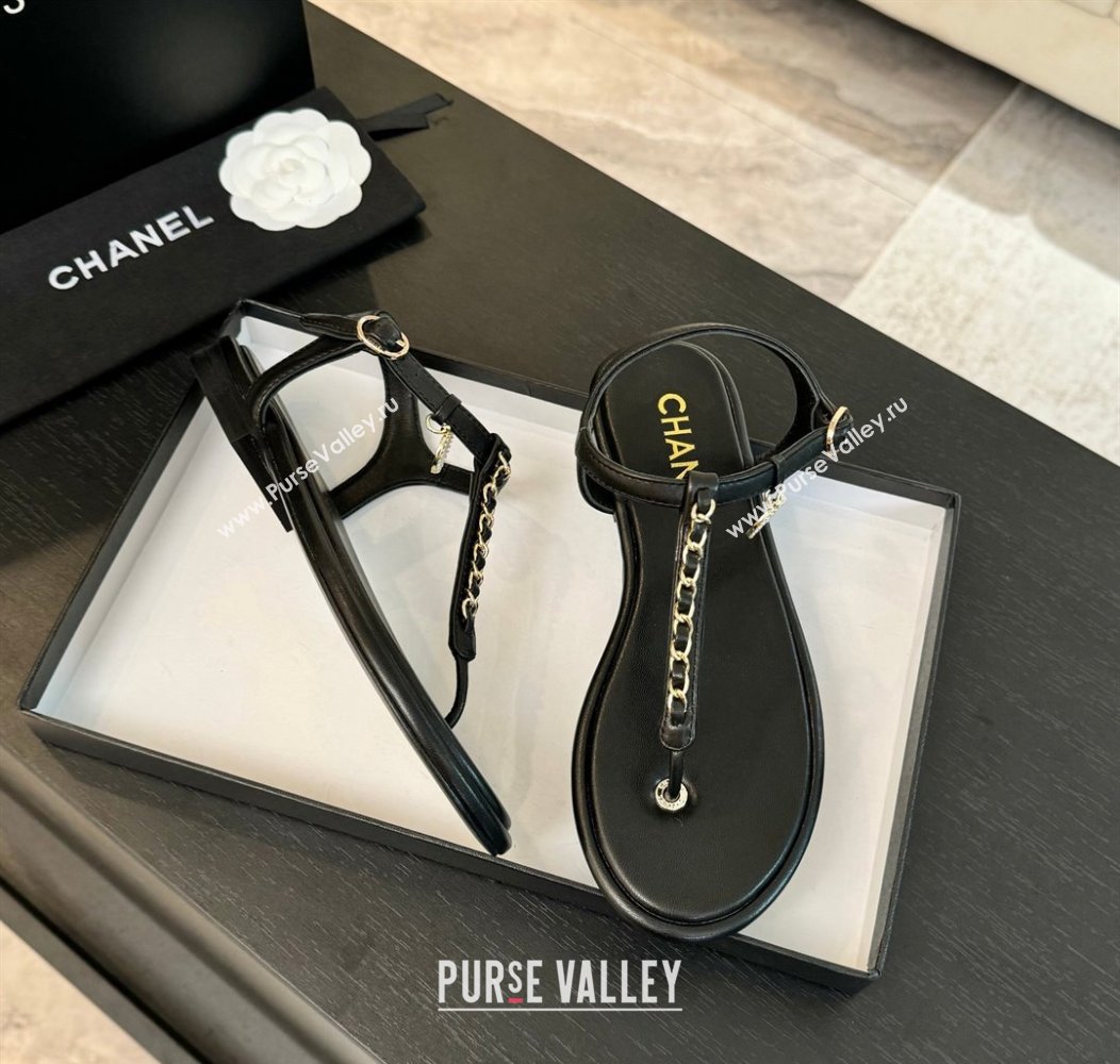 Chanel Lambskin Flat Thong Sandals with Chain Black 2024 CH010207 (MD-240102047)