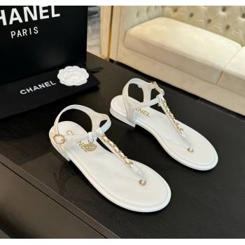 Chanel Lambskin Flat Thong Sandals with Chain White 2024 CH010207 (MD-240102048)