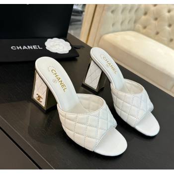 Chanel Quilted Lambskin Heel Slides Sandal 7cm White 2024 G45235 0102 (SS-240102007)