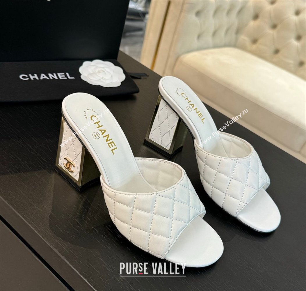 Chanel Quilted Lambskin Heel Slides Sandal 7cm White 2024 G45235 0102 (SS-240102007)