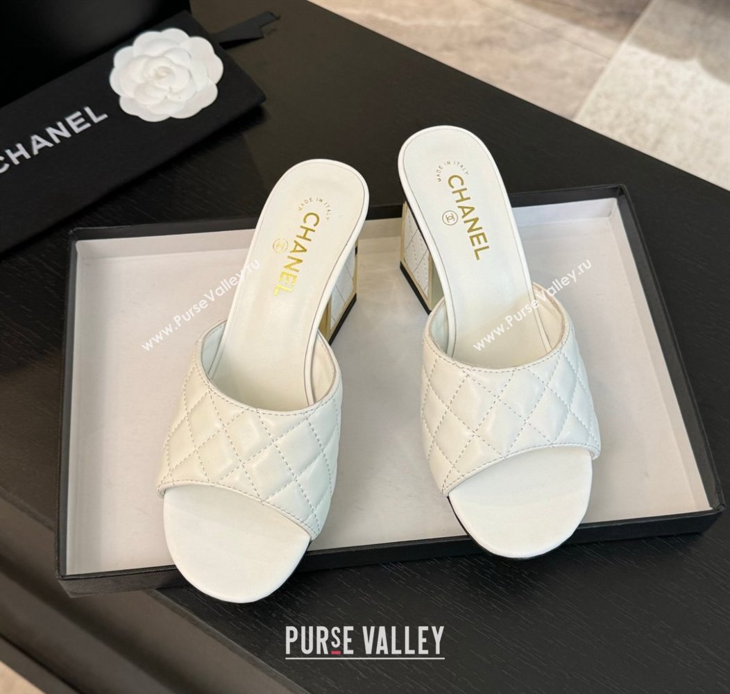 Chanel Quilted Lambskin Heel Slides Sandal 7cm White 2024 G45235 0102 (SS-240102007)