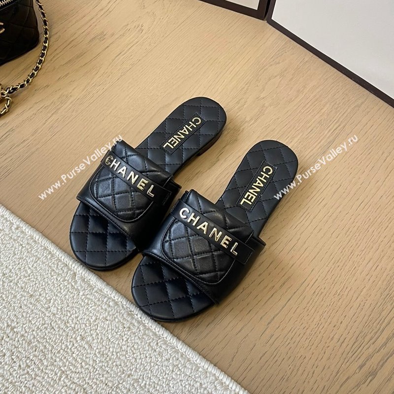 Chanel Calfskin Flat Slides Sandal with Quilted Foldover Black 2024 CH010209 (MD-240102081)