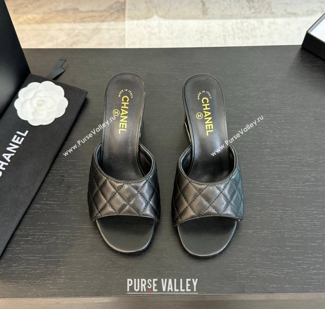 Chanel Quilted Lambskin Heel Slides Sandal 7cm Black 2024 G45235 0102 (SS-240102008)