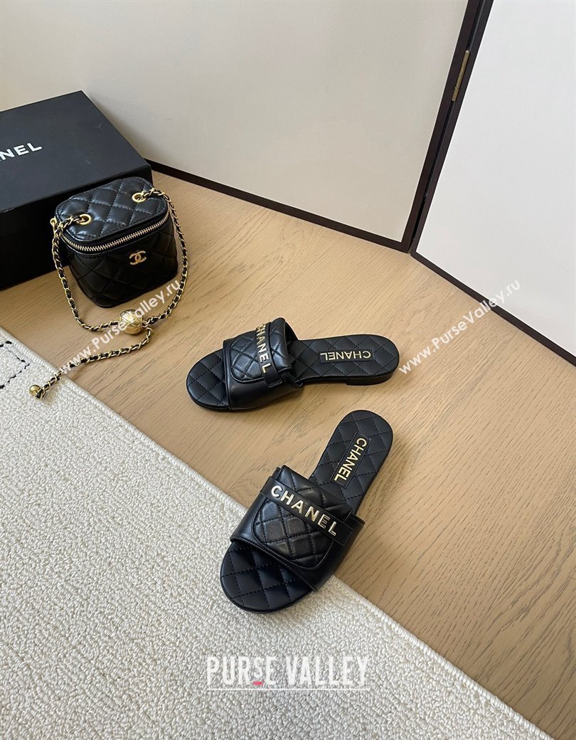 Chanel Calfskin Flat Slides Sandal with Quilted Foldover Black 2024 CH010209 (MD-240102081)