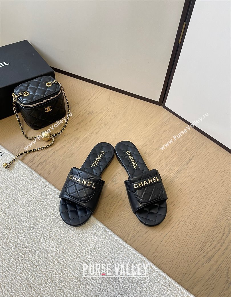 Chanel Calfskin Flat Slides Sandal with Quilted Foldover Black 2024 CH010209 (MD-240102081)