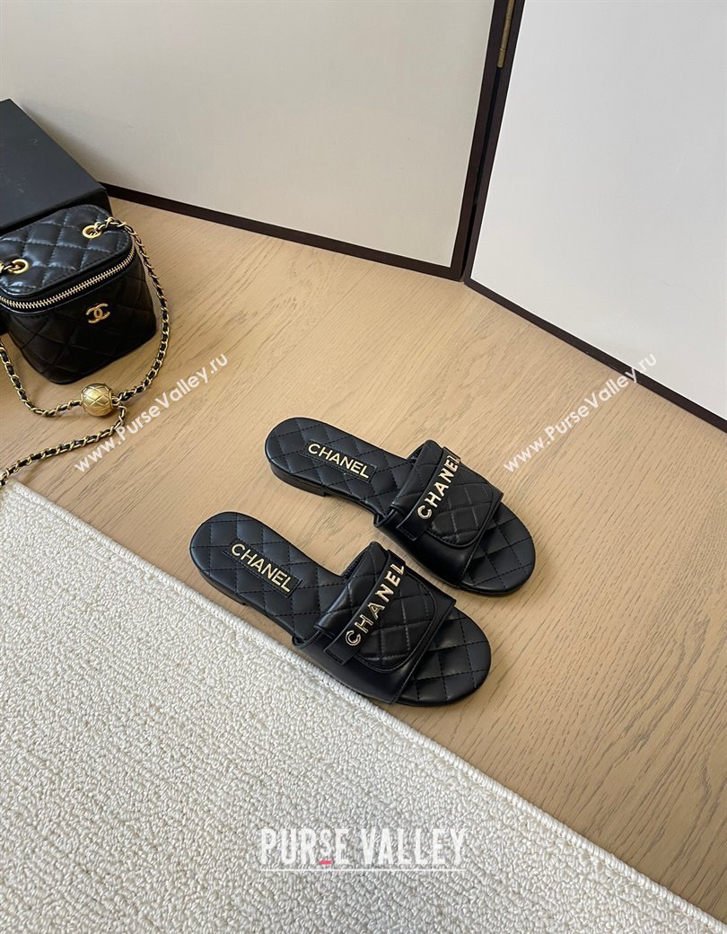 Chanel Calfskin Flat Slides Sandal with Quilted Foldover Black 2024 CH010209 (MD-240102081)