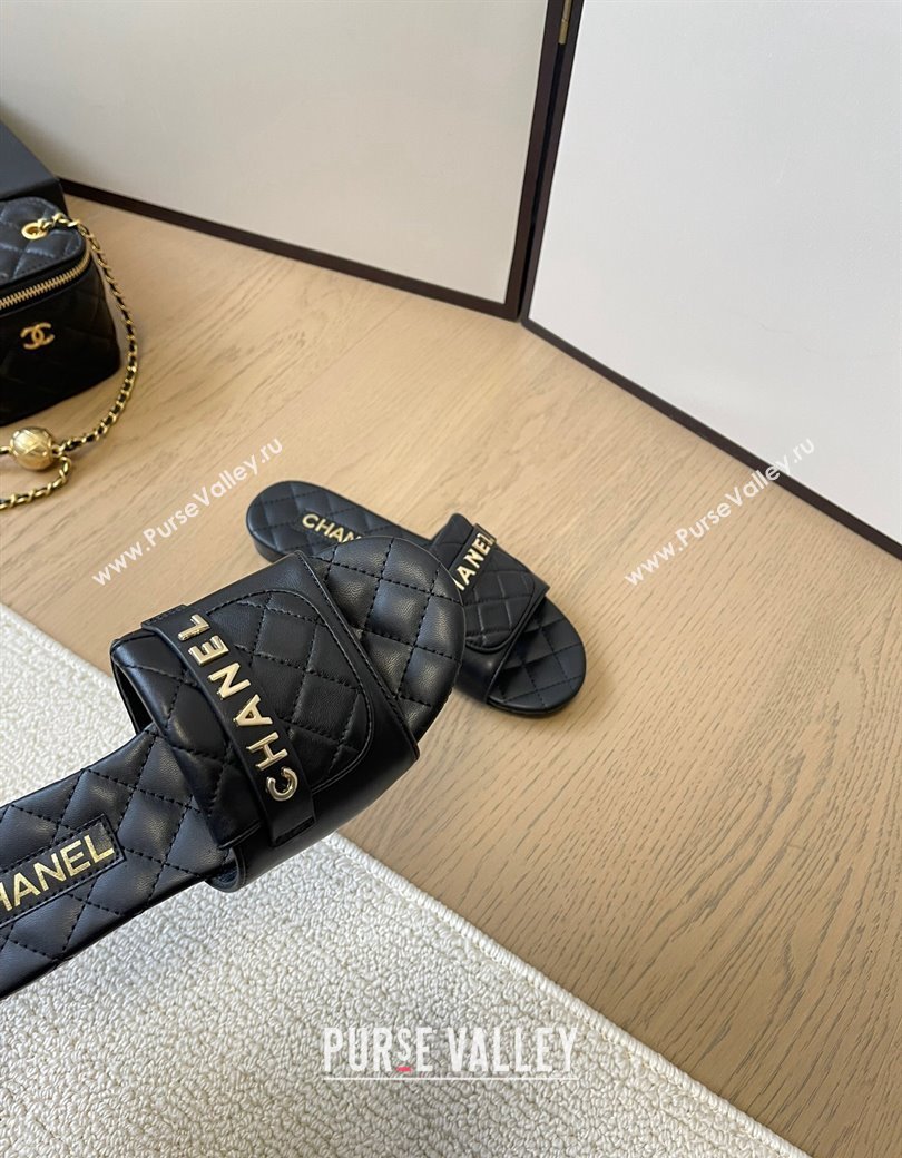 Chanel Calfskin Flat Slides Sandal with Quilted Foldover Black 2024 CH010209 (MD-240102081)