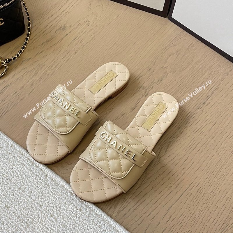 Chanel Calfskin Flat Slides Sandal with Quilted Foldover Beige 2024 CH010209 (MD-240102082)