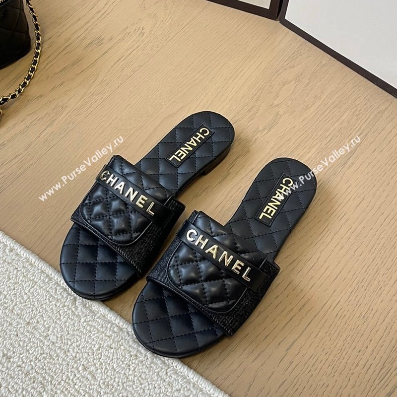 Chanel Black Denim Flat Slides Sandal with Quilted Foldover 2024 CH010209 (MD-240102083)