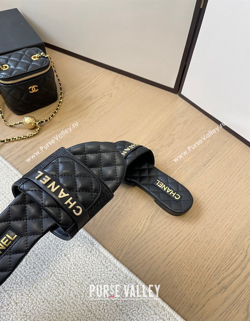 Chanel Black Denim Flat Slides Sandal with Quilted Foldover 2024 CH010209 (MD-240102083)