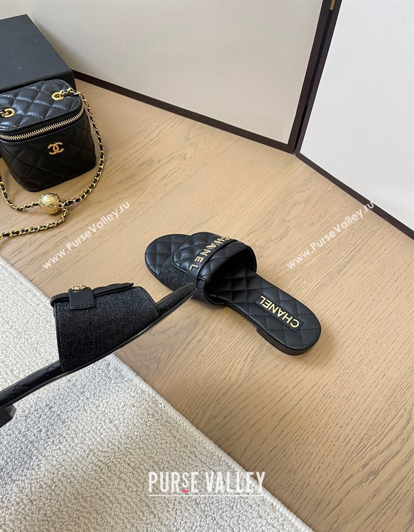 Chanel Black Denim Flat Slides Sandal with Quilted Foldover 2024 CH010209 (MD-240102083)