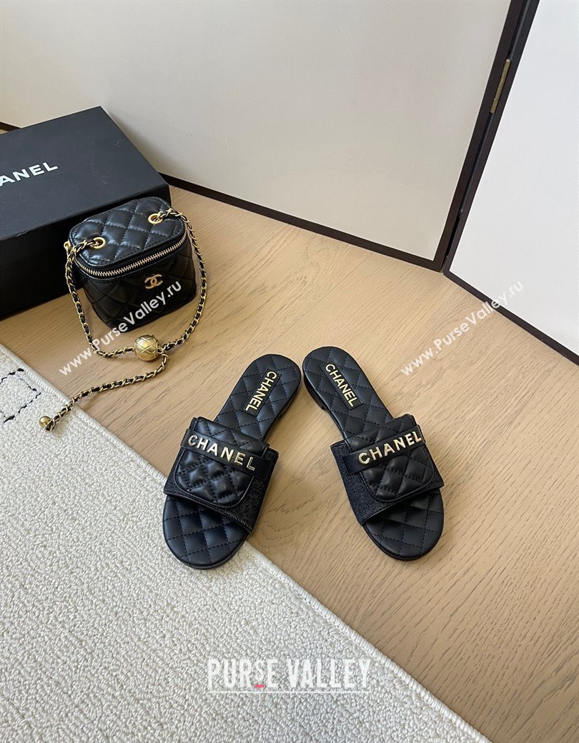 Chanel Black Denim Flat Slides Sandal with Quilted Foldover 2024 CH010209 (MD-240102083)