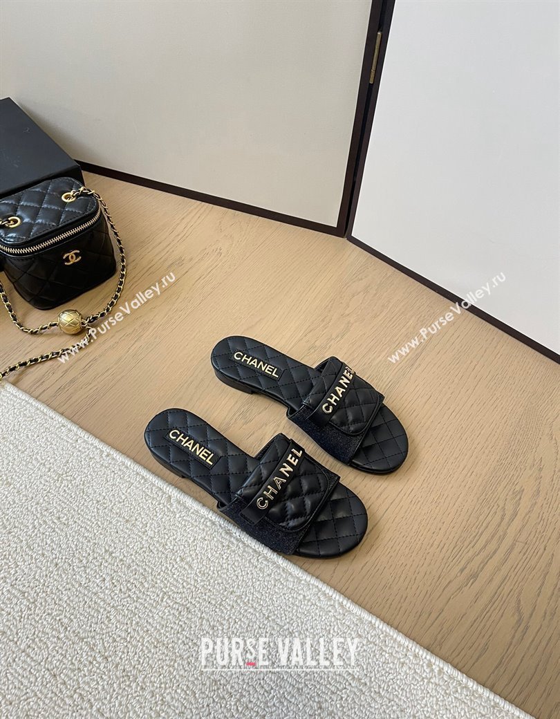 Chanel Black Denim Flat Slides Sandal with Quilted Foldover 2024 CH010209 (MD-240102083)