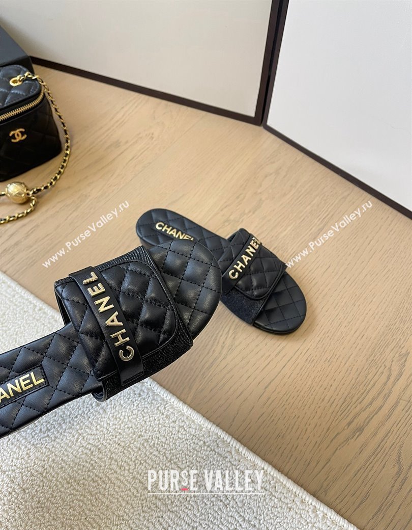 Chanel Black Denim Flat Slides Sandal with Quilted Foldover 2024 CH010209 (MD-240102083)