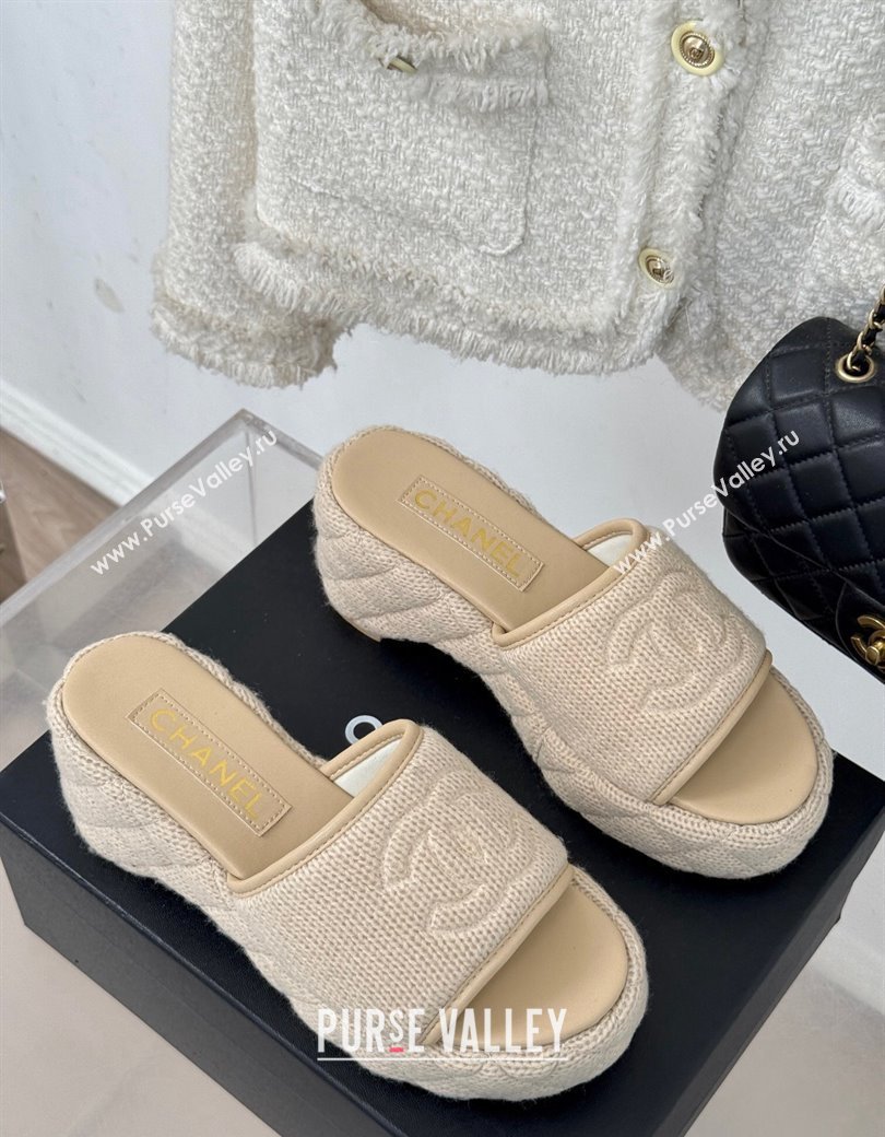 Chanel Knit Wedge Slides Sandal 6cm Beige 2024 CH010210 (MD-250102084)