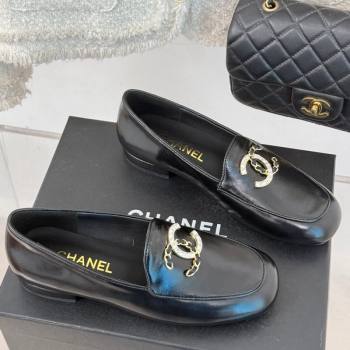 Chanel Shiny Calfskin Loafers with Strass and Chain CC G46157 Black 2024 (MD-250102088)