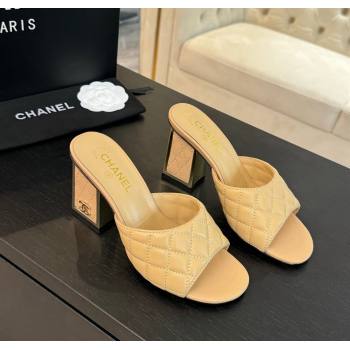 Chanel Quilted Lambskin Heel Slides Sandal 7cm Beige 2024 G45235 0102 (SS-240102009)