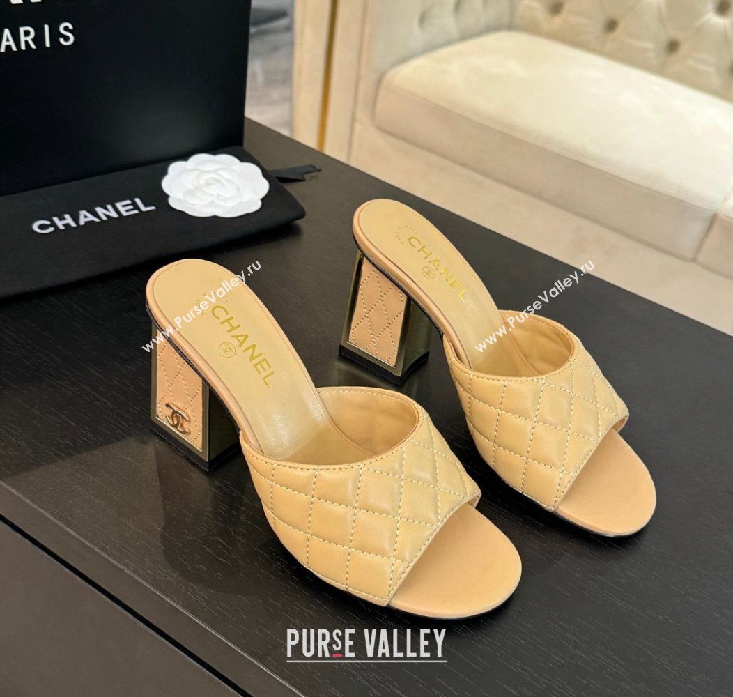 Chanel Quilted Lambskin Heel Slides Sandal 7cm Beige 2024 G45235 0102 (SS-240102009)